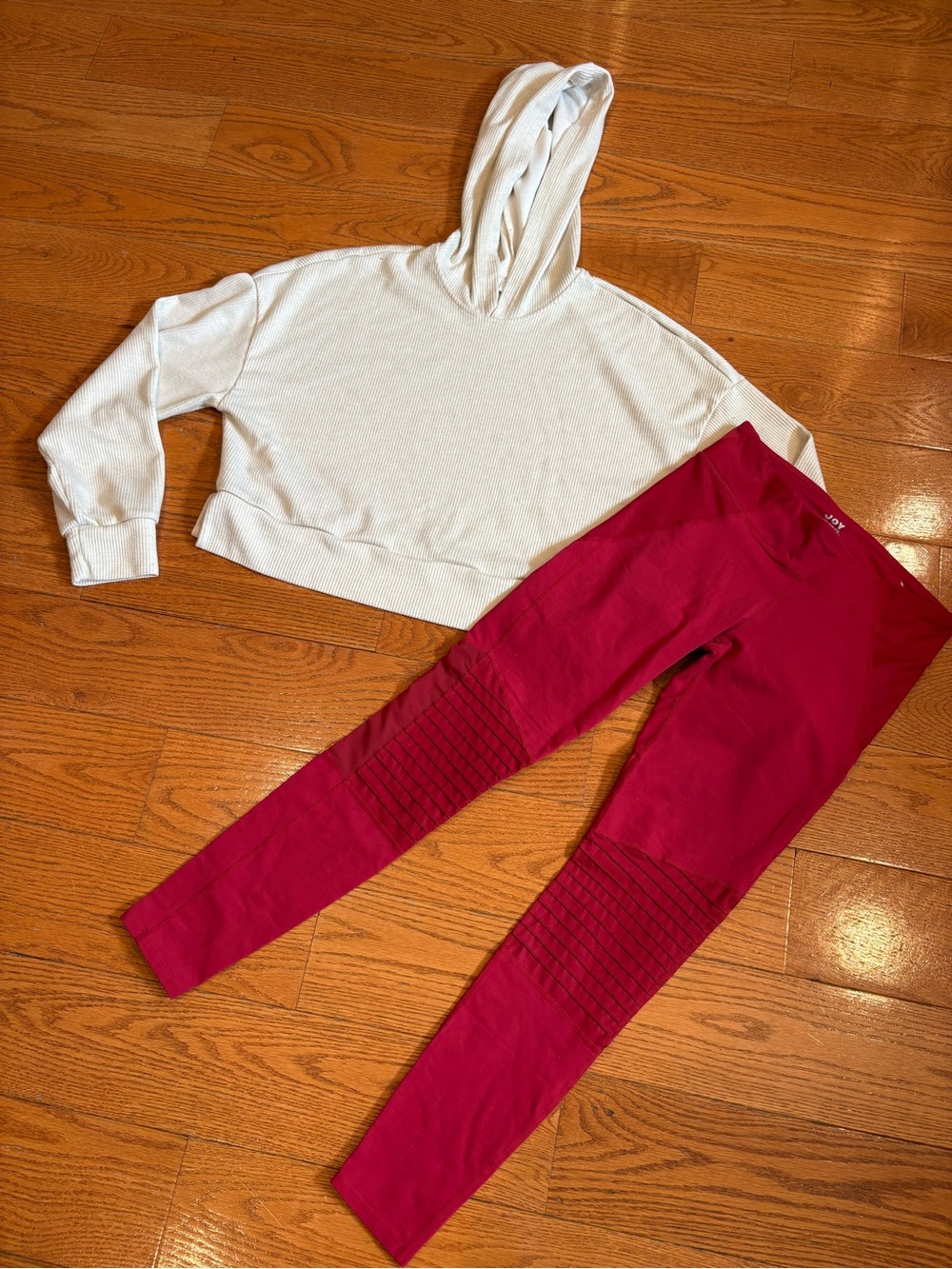 Athleisure Outfit - Cream Ribbed Cropped Hoodie & Red Moto Leggings - Medium
